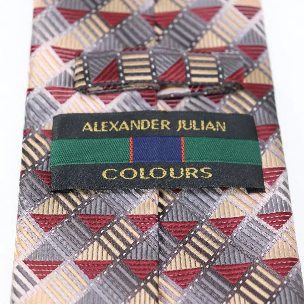 Alexander Julian Colours Tie Mens 58 in Gray Red Geometric Triangle Skids Wide